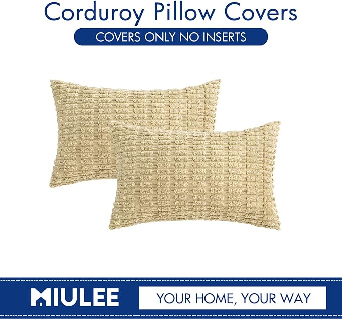 MIULEE Pack of 2 Corduroy Decorative Lumbar Throw Pillow Covers 20x12 Inch Soft Boho Striped Pillow Covers Modern Farmhouse Home Decor for Sofa Living Room Couch Bed Beige
