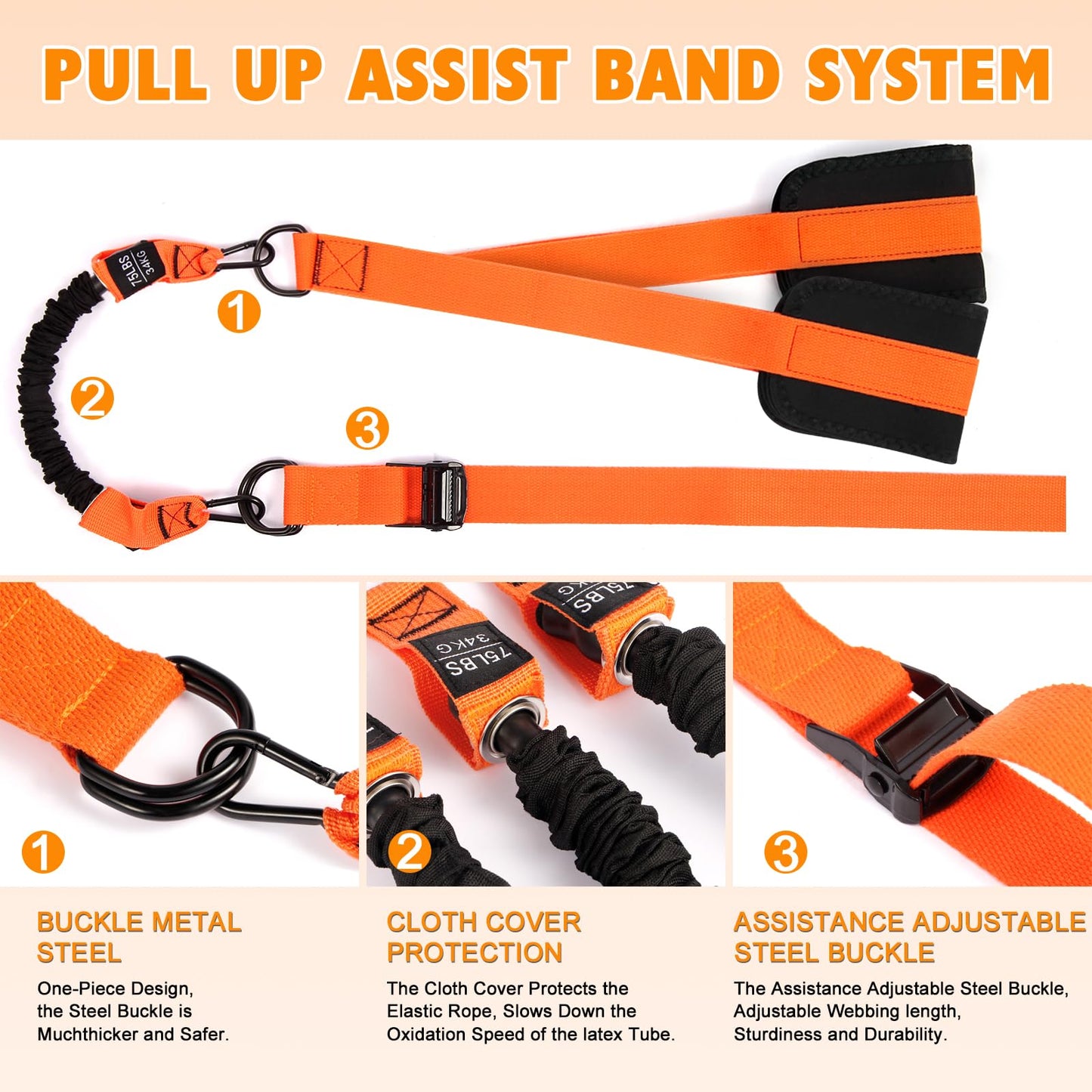 Pull Up Assistance Bands Set,3 Heavy Duty Pull-Up Bar Resistance Bands,Adjustable Weight/Height,Training Equipment with Handle and Foot Rest Unisex for Home & Gym/Muscle/Strength Training（Orange）