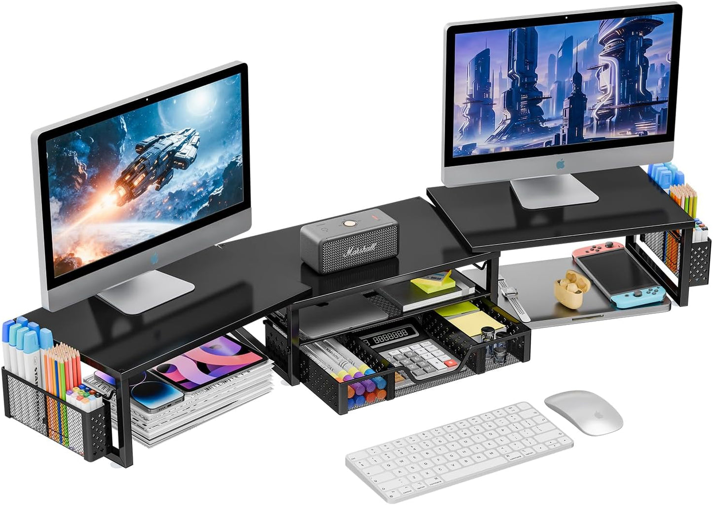 2 Simple Trending Desk Organizers and Accessories, Dual Monitor Stand Riser with Drawer and Pen Holder, Shelf for Top