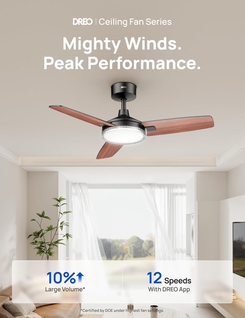 Dreo Smart Ceiling Fan - 42 Inch Black Design with 12 Speeds, Dimmable LED Light & Remote Control