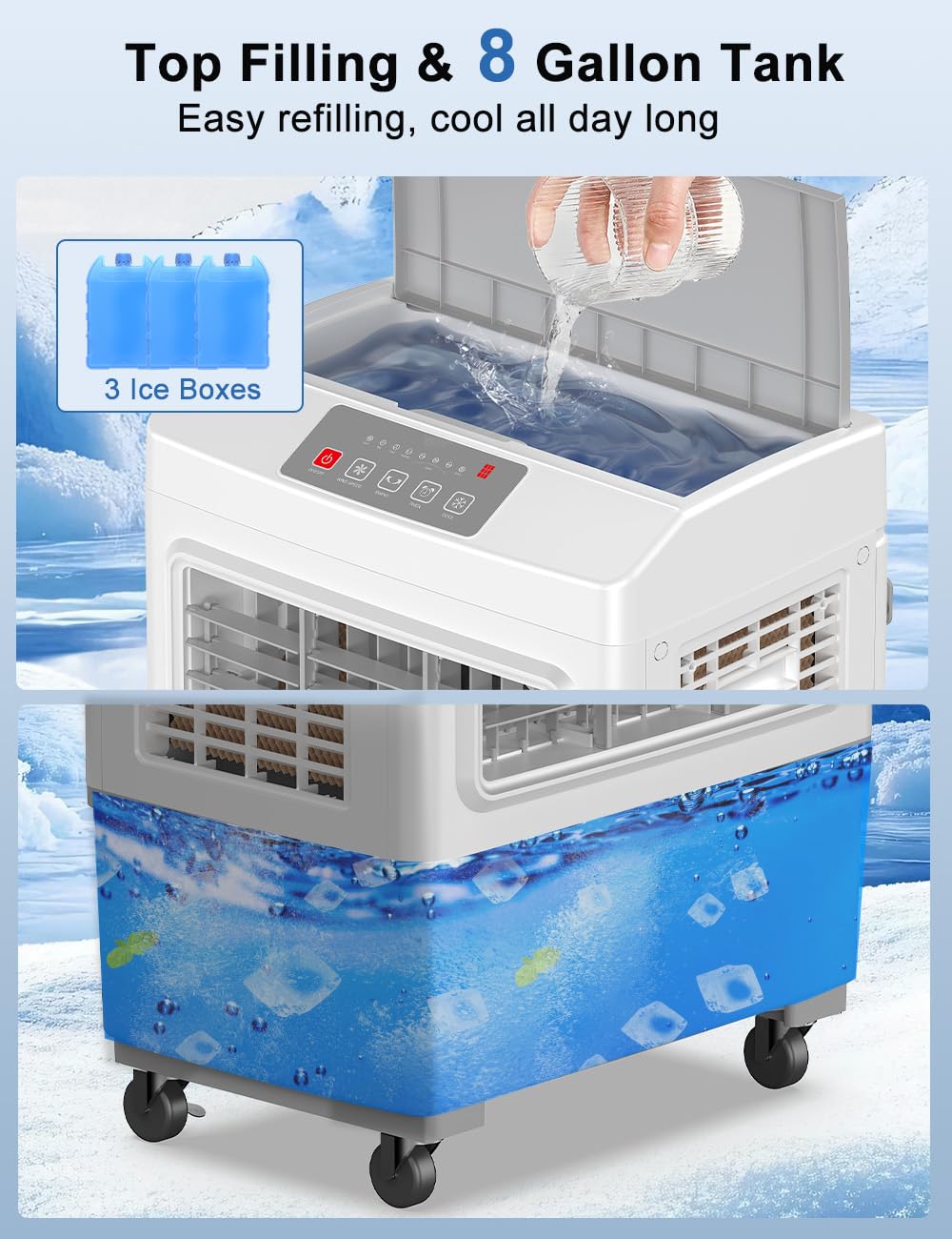 Large Swamp Cooler Air Conditioner, 3 Speeds&3 Ice Boxes, Portable Cooling Fan for Garage Outdoor Indoor Large