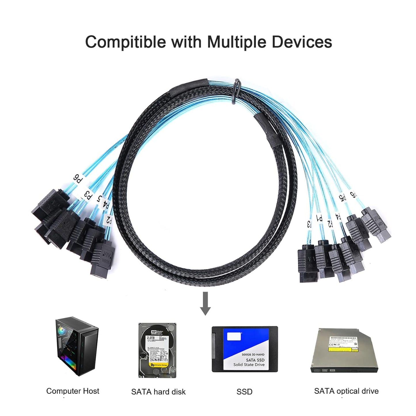 Cable-0.5M, 6Pcs/Set-6Gbps-Sata (1.6FT) ADCAUDX SATA-III HDD-SSD Data-Cable Thin Replacement for Bitcoin