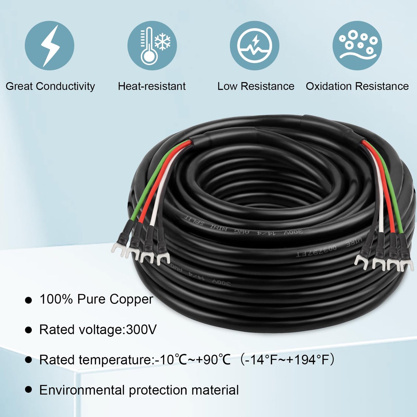 MOOKEERF 14/4 AWG Mini-Split Cable - 150FT 14 AWG 4 Conductor Control Cable 300V Stranded Oxygen-Free Pure Copper Wire for Mini Split Air Conditioner,Heat Pump,HVAC Systems and Speaker Systems