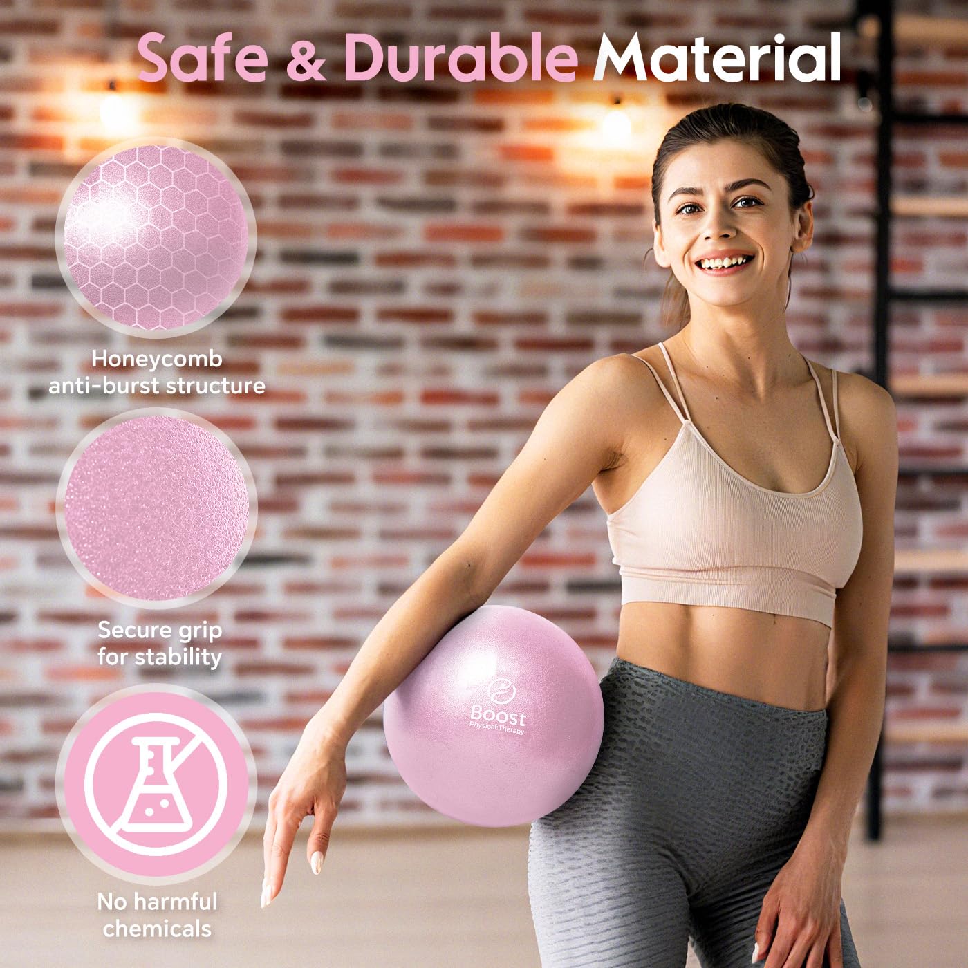 BOOSTFIT Small Exercise Ball with Pump, 9 Inch Mini Pilates Ball with Exercise Guide, Small Workout Ball for Stability, Fitness, Barre, Yoga, Core Training & Physical Therapy, Pink