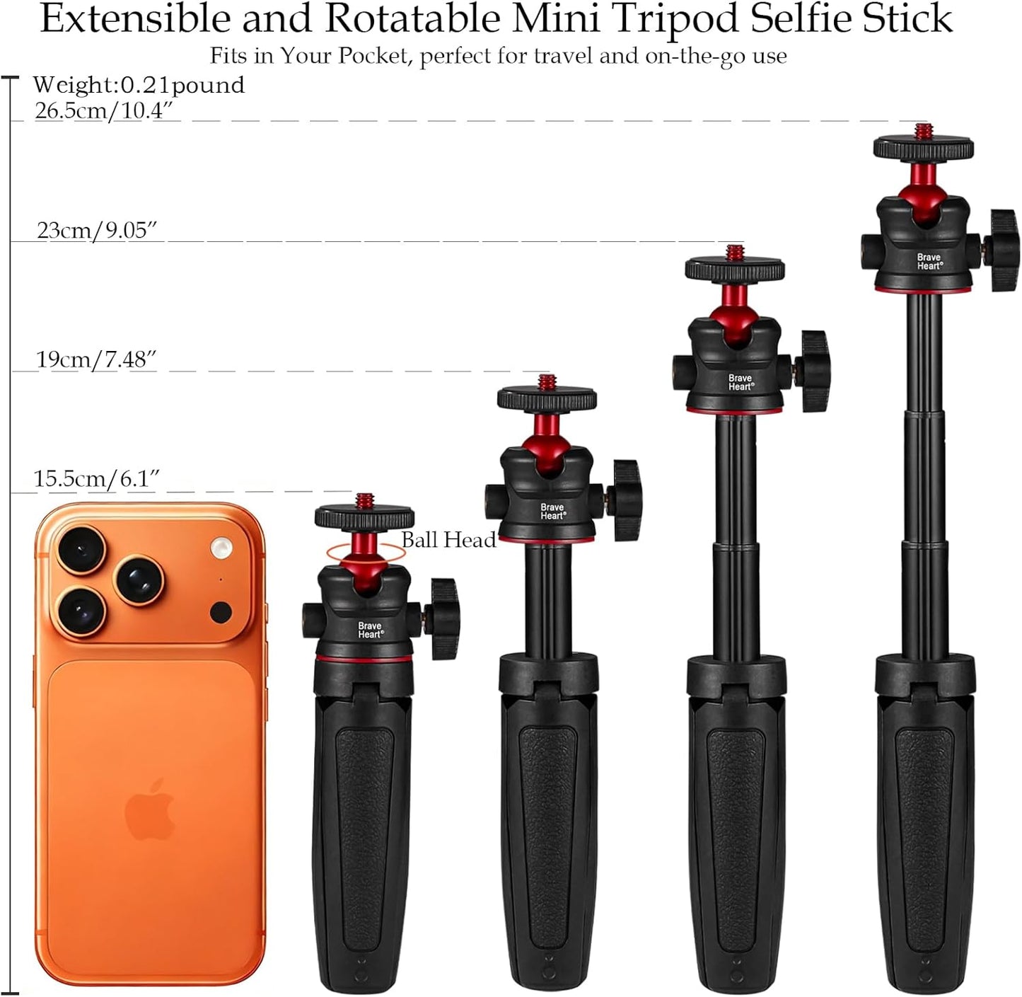Byrgfkjt 360 Extendable Selfie Stick & Mini Tripod, Rotatable Selfie Stick with Non-Slip Grip for Smartphones & Action
