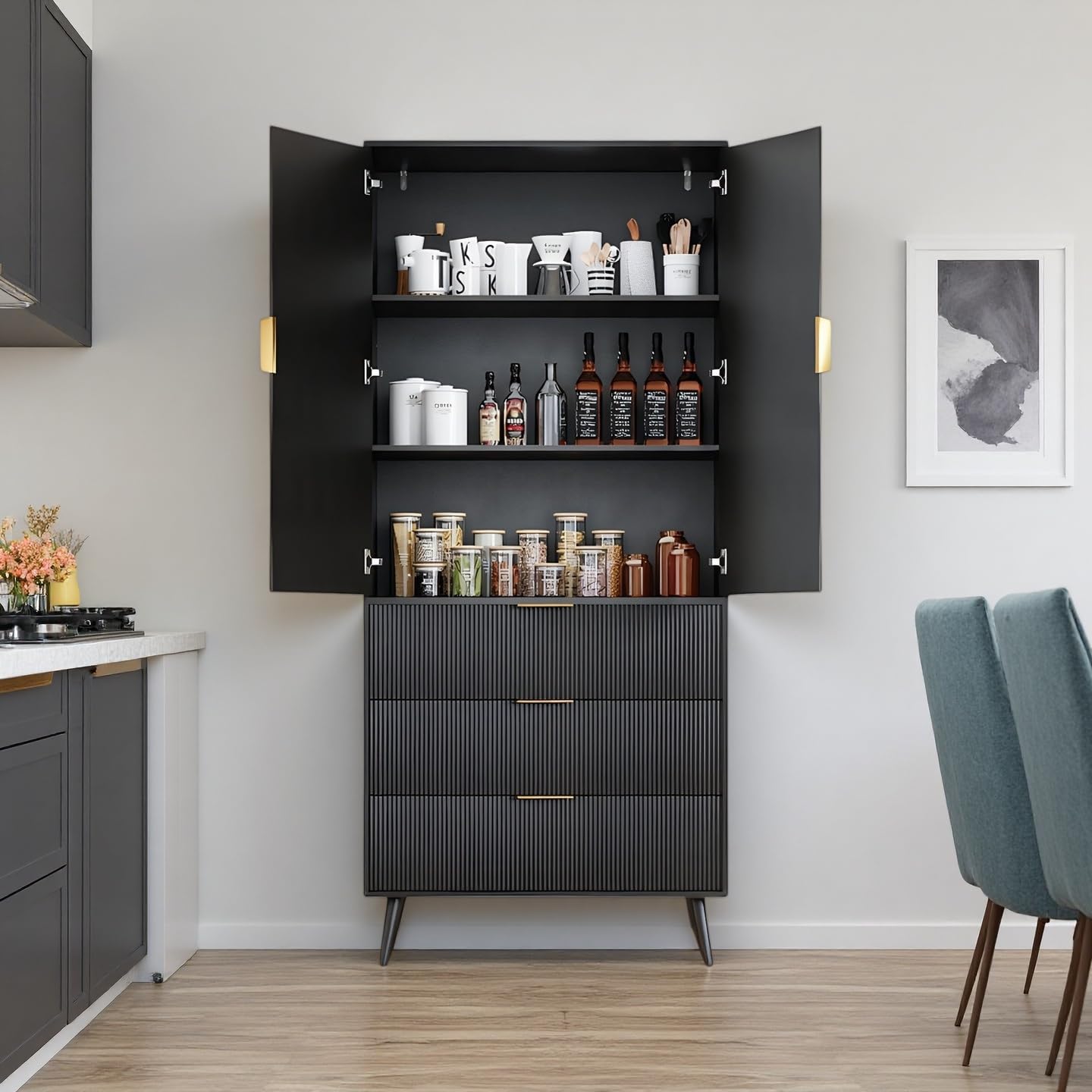 Topcomfy Tall Fluted Cabinet, Kitchen Pantry Cabinet with 2 Doors & Adjustable Shelves, Mid Century Modern Cabinet for Living Room, Dining Room, Entryway, Office, Black