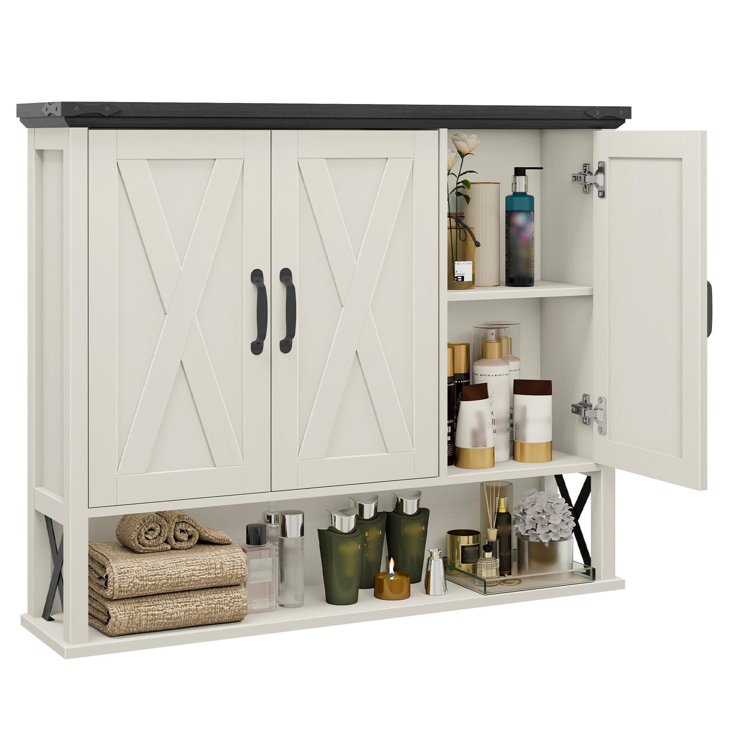 Halitaa Bathroom Wall Cabinet, Farmhouse Medicine Cabinet with Adjustable Wood Shelf & 3 Doors, Over The Toilet Storage Cabinet for Wall Mounted for Bathroom Laundry Room Kitchen, White and Black