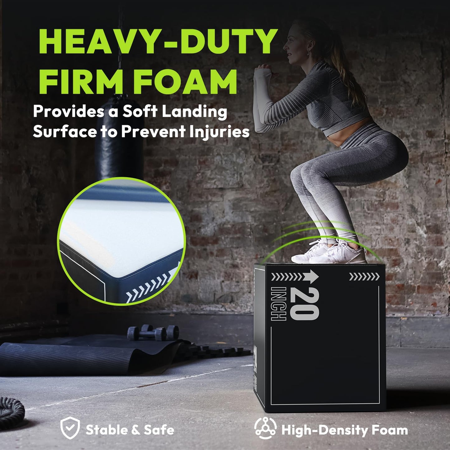 HANDBODE Plyometric Jump Box – 3-in-1 Plyo Box with Durable High-Density Foam Core and Non-Slip Surface for Squats, Box Jumps and Home Gym Workouts, 30”x24”x20”, White Stripes