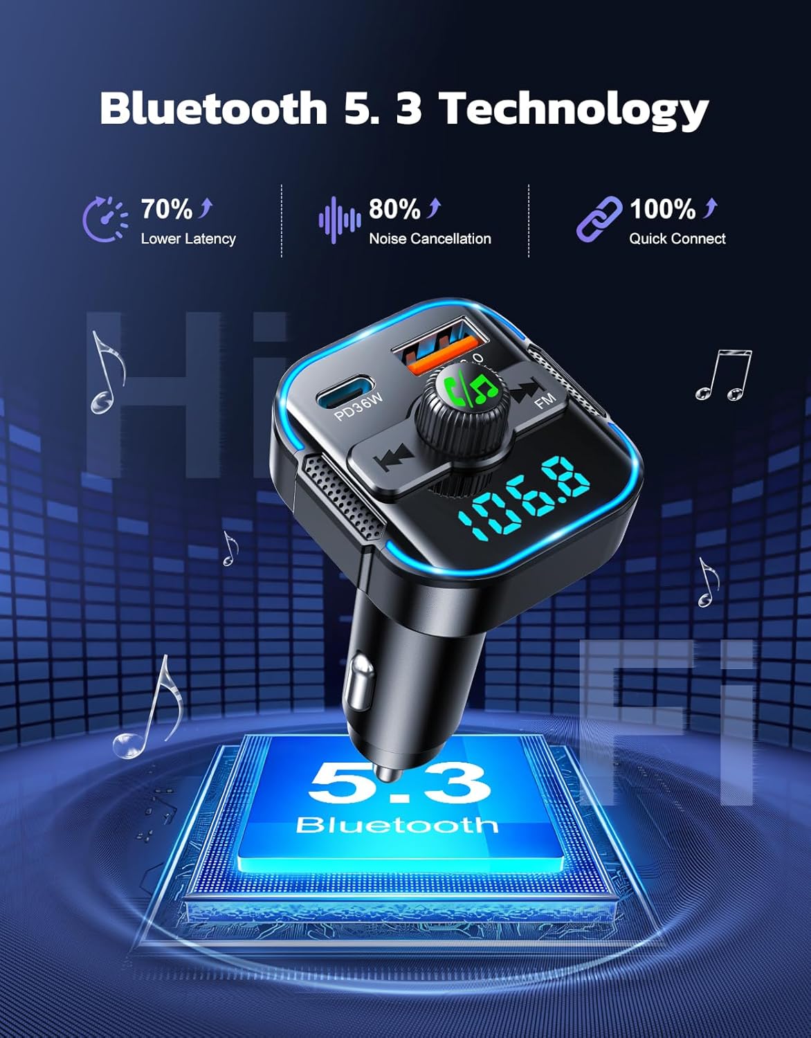 RIWUSI 5.3 36W+QC3.0 18W, 2-in-1 Bluetooth Car AdapterPD FM Bluetooth Transmitter Dual Stronger Mics& Fast Car Charger