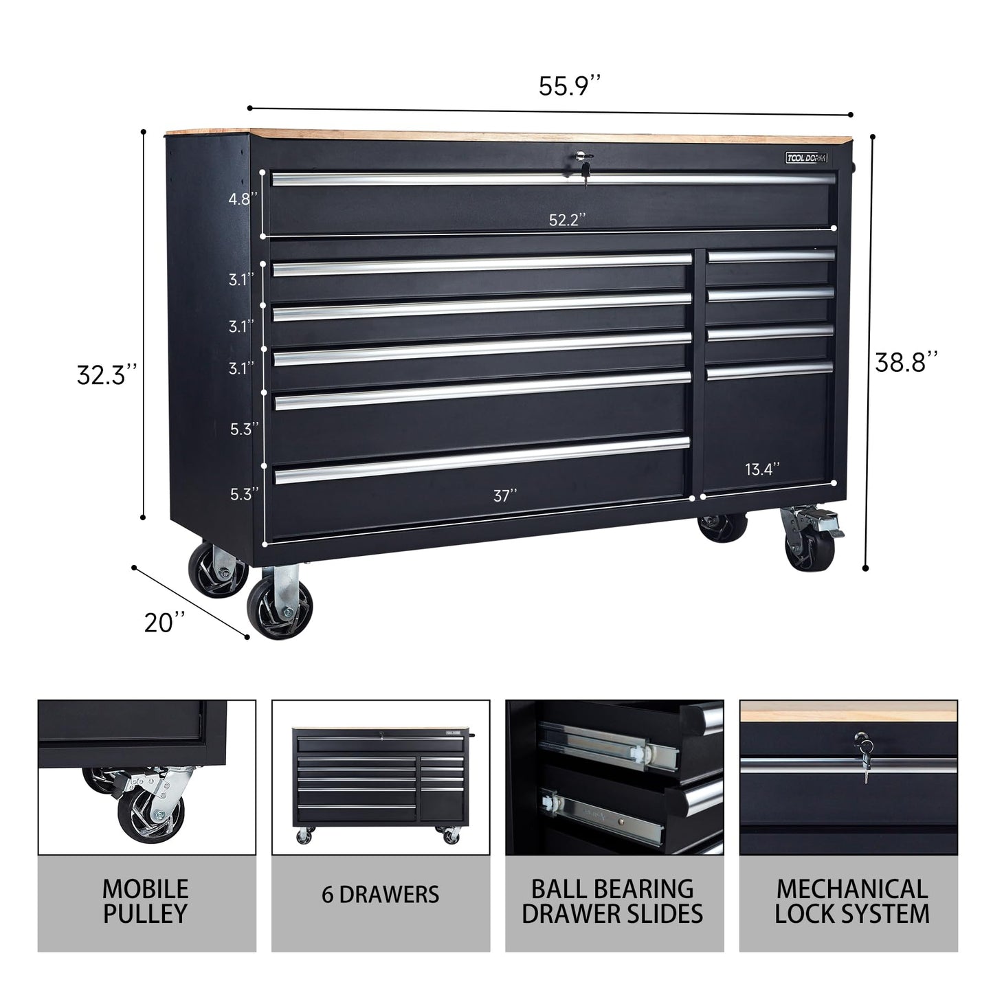 TOOL DORM Rolling Large Tool Chest 56-Inch 10 Drawers, Big Tool Chest with Drawers, Workbench with Wooden Top and Power Strip, Rolling Toolbox with Drawers and Locking System, Black