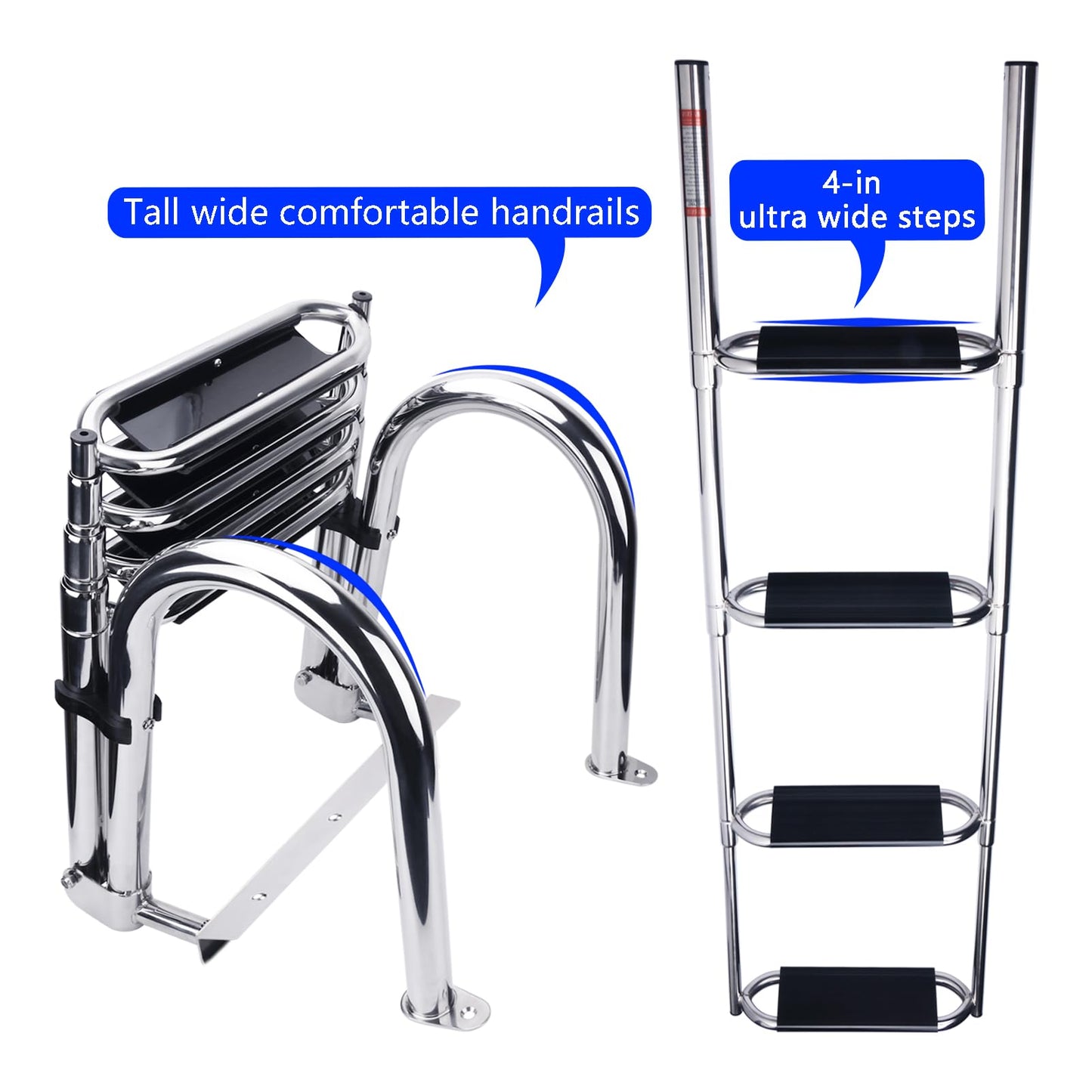 Heavy Duty Pontoon Boat Ladder, 316 Stainless Steel 4 Step Telescoping Folding Rear Entry Inboard Ladder All Welded Reinforce Dock Swim Deck Ladder with Wide Steps Strong Handrails