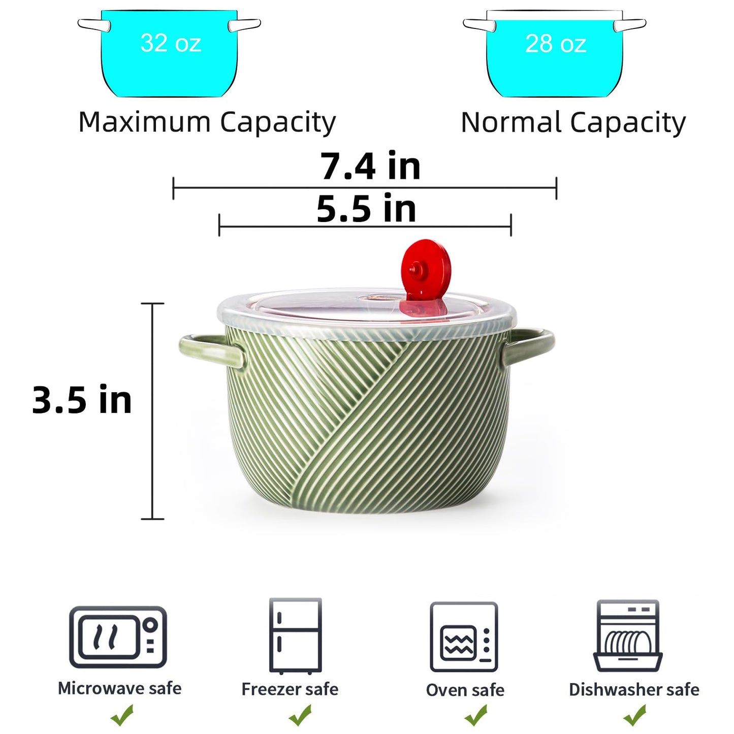 Adewnest Ramen Bowl with Lid: 32oz Ceramic Soup Bowl Set with Spoon & Chopsticks for Instant Food Noodle Office Lunch Dorm Living - Microwave Safe Portable Storage - Green