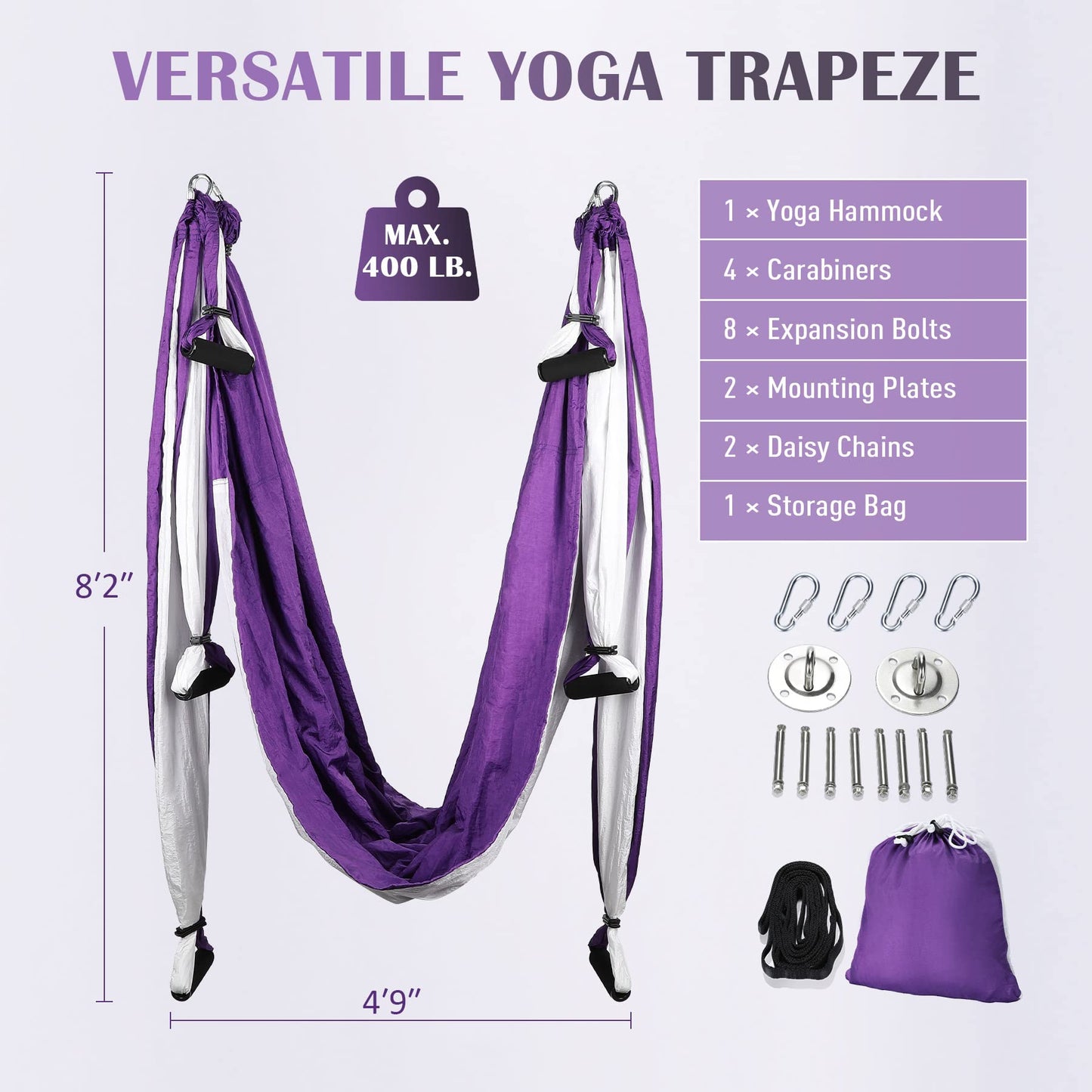 ZELUS Aerial Yoga Swing Sling Strong Yoga Hammock Kit Set Trapeze Inversion Equipment Include 2 Extensions Straps and Ceiling Mounting Kit(Purple)