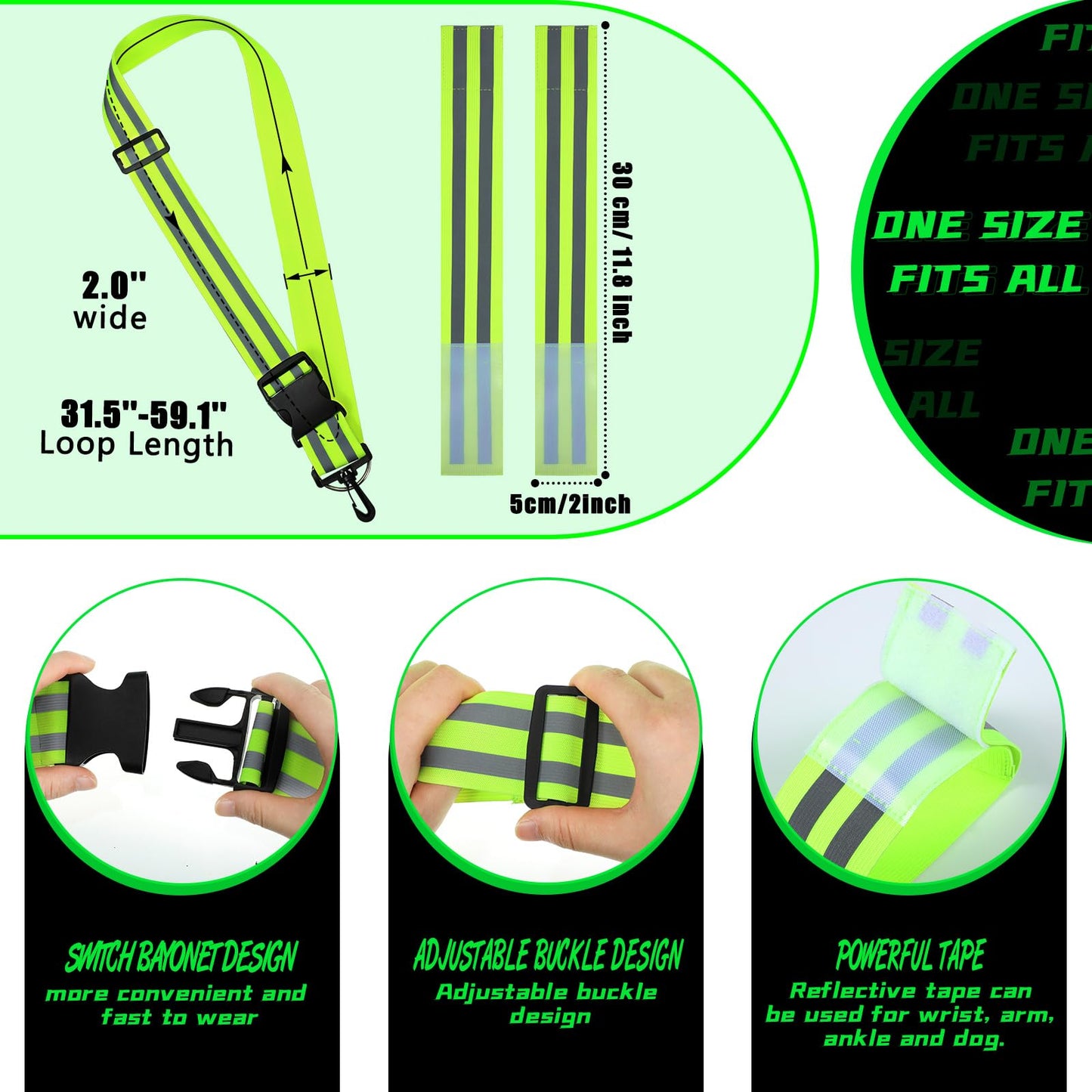 Saintrygo 6 Pcs Reflective Sash for Walking at Night Reflective Strap Arm Band High Visibility Belt Safety Ankle Strap for Visibility Vest Clothing Running Gear(Fluorescent Green)