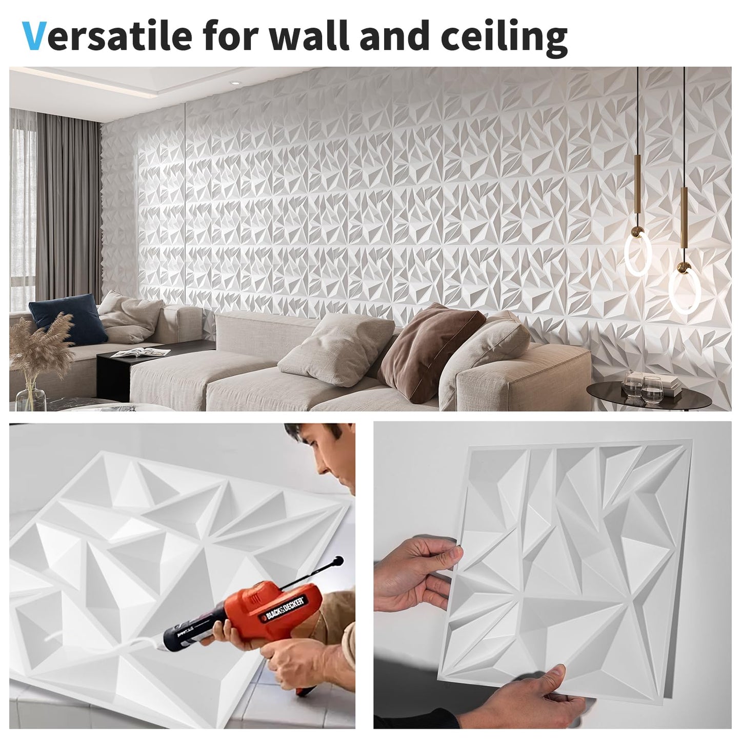 Art3d 33-Pack 3D Wall Panels for Interior Wall Decor, Modern Diamond Textured Accent Wall Paneling for Gaming Living Room TV Wall Background, 12 x 12 inch White, A10342