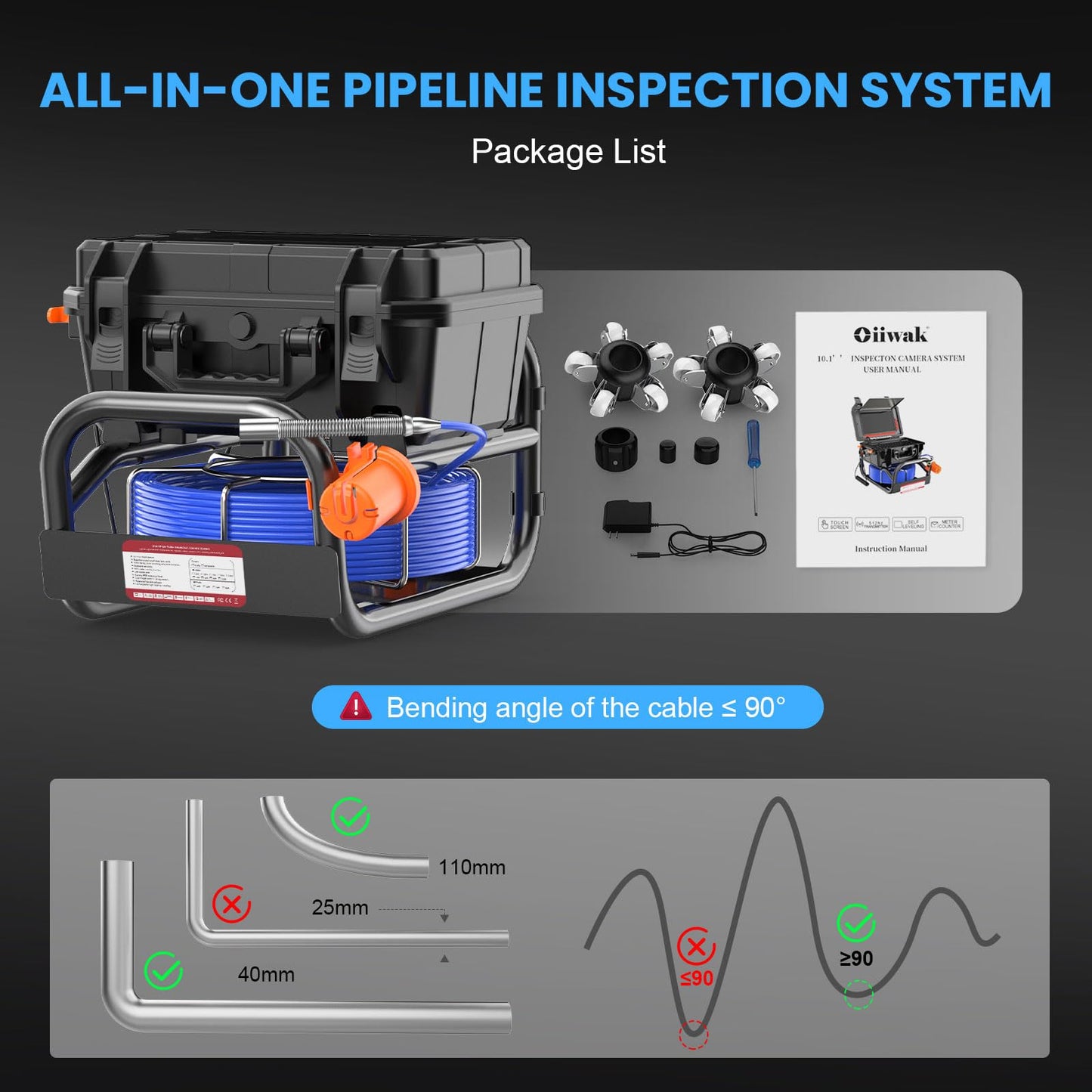Sewer Camera, 10.1" 1080P Touchscreen Sewer Pipe Inspection Camera with 512Hz Transmitter, Self-Leveling, Distance Counter for Drain Plumbing Pipe, IP68 Waterproof DVR Recorder/Audio-16 GB, 165FT