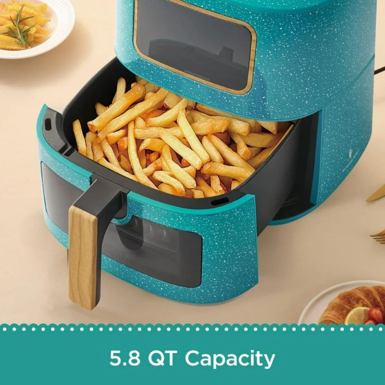 P. W. 5.8 Qt Digital Air Fryer, Touchscreen with Window, Nonstick Basket, 1500W, 6 Smart Cooking Functions, Energy Efficient (Teal)