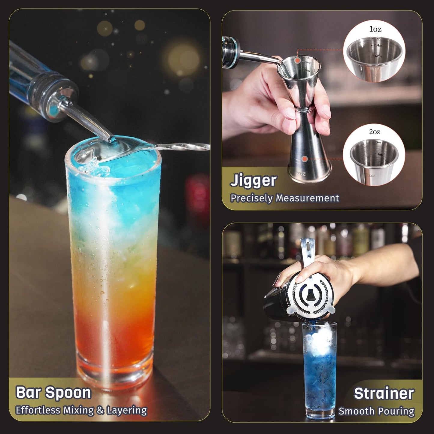 Nexsujo Boston Cocktail Shaker, 8-Piece Professional Shaker Set, Stainless Steel Bar Tools Set with Boston Shaker, Bar Spoon, Jigger, Hawthorne Strainer, Dishwasher Safe, Ideal Bartender Kit for Bar