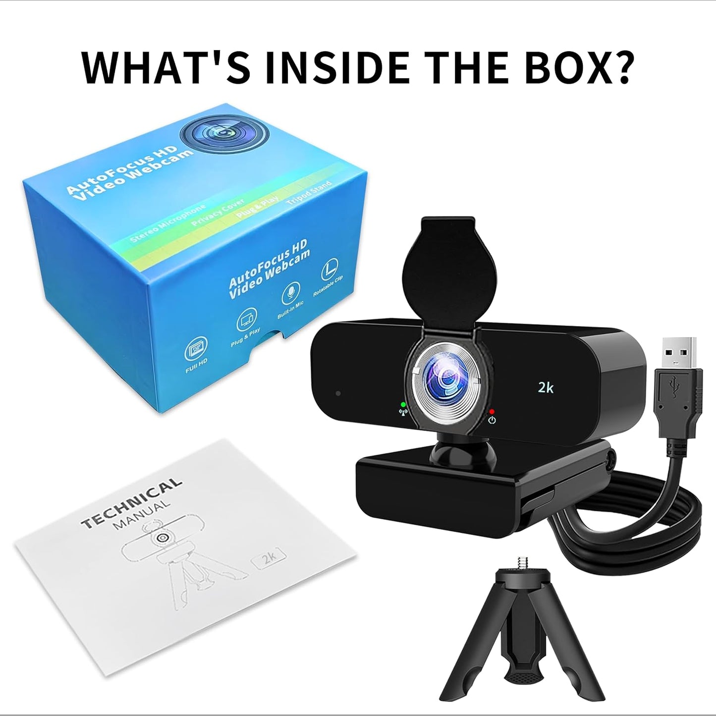Lusinx 2K Webcam for Computer, USB Plug&Play, Auto Low Light Correction, Privacy Cover, Tripod, Wide Angle