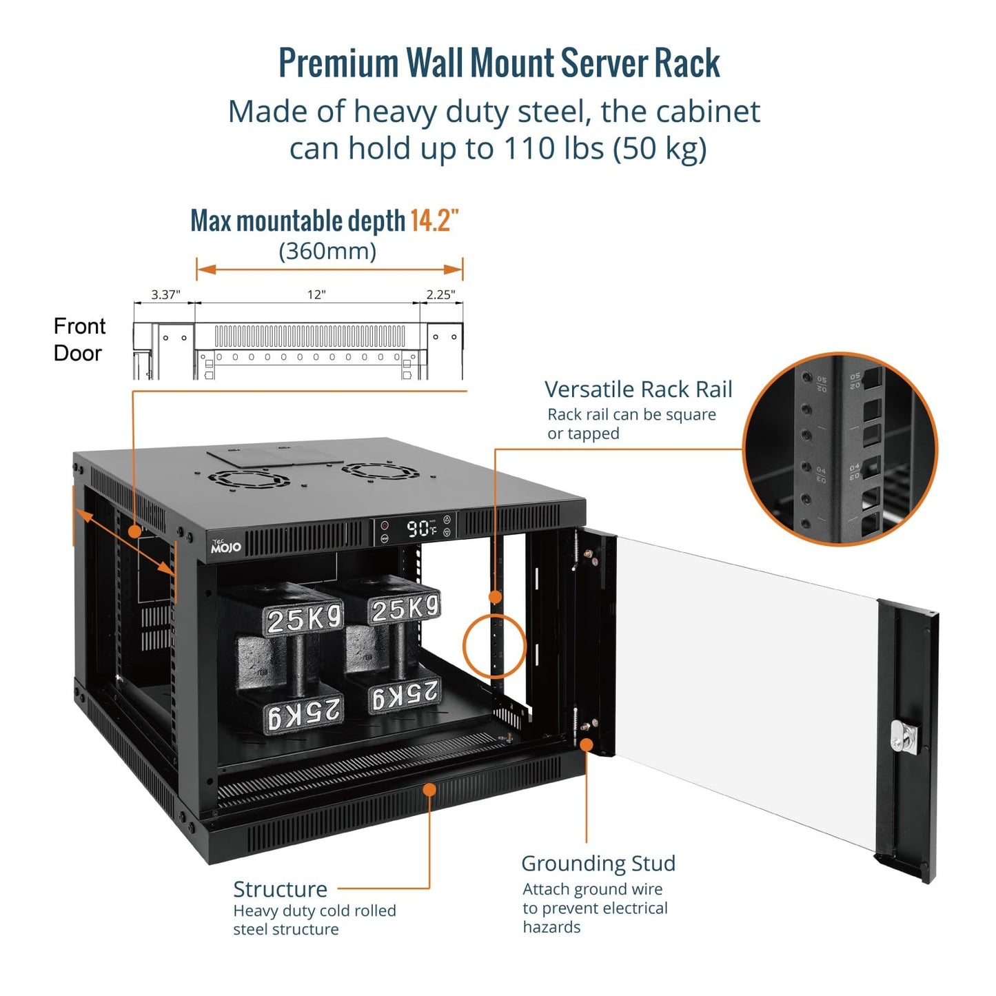 Tecmojo 6U Wall Mount Rack with Thermostat, 17.7inch Depth Enclosed Server Cabinet with 2 Cooling Fans,Lockable Door & Hardware,6U Rack for 19inch Equipments,Glass Door