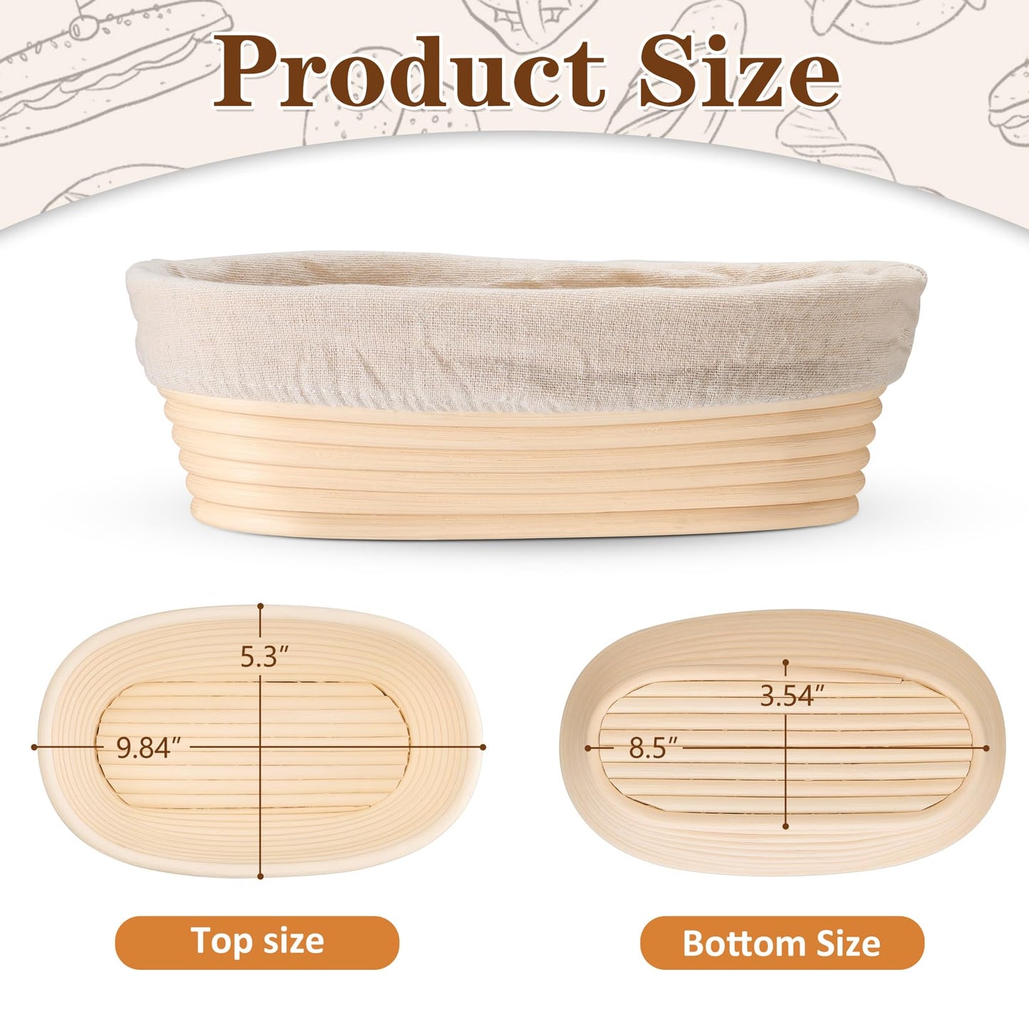 P&P CHEF Sourdough Bread Proofing Basket Set of 2, 10 Inch Oval Dough Proofing Bowls, Sourdough Bread Baking Supplies for Bakers, Handmade Rattan Baskets with Cloth Liner