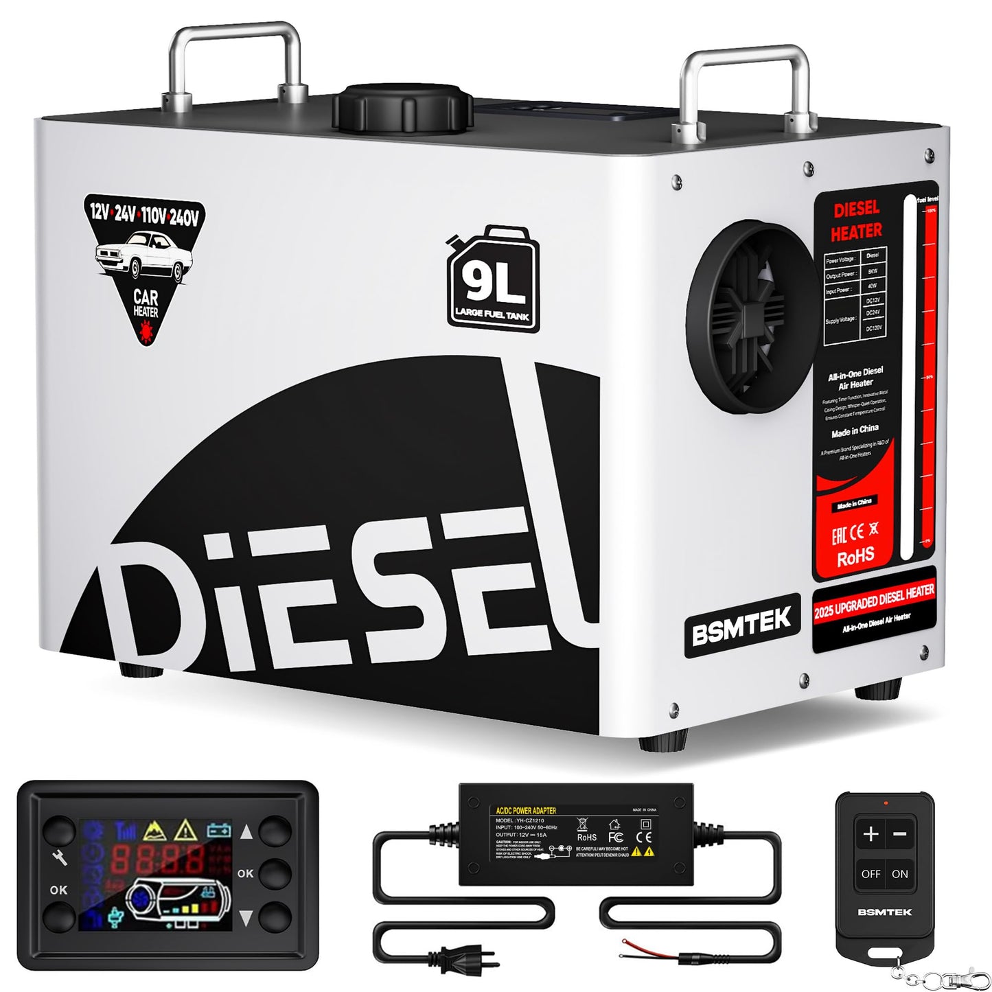 9L Large Diesel Heater, 8KW 240V/110V/12V/24V All in One Diesel Air Heater with LCD Switch, Remote Control, Suitable for Truck, RV, Home, Car, Campers, Boat, White
