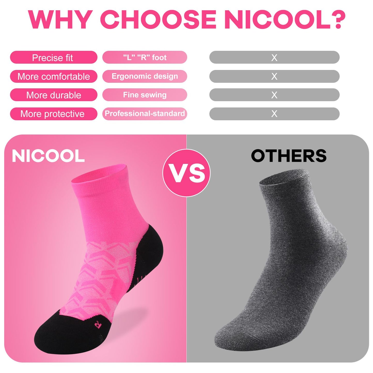 NIcool Athletic Socks Bright Pink For Womens, Cycling Socks For Men, Womens Pink Crew Socks, Mens Running Compression Socks Cushioned Mid-Calf Tennis Volleyball Neon Socks 3 Pair, Pink