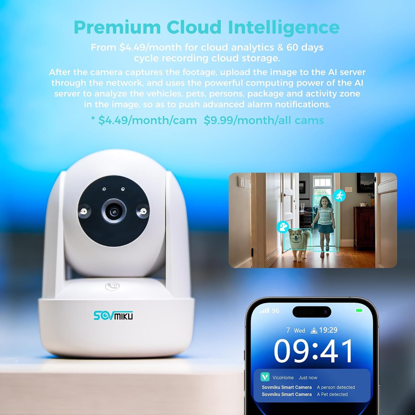 SOVMIKU CB2 2K 5GHz 360 Setup, 180 Vicohome Indoor Camera, Wi-Fi, Plug-in, AI Tracking, Home Security, Pet/Baby