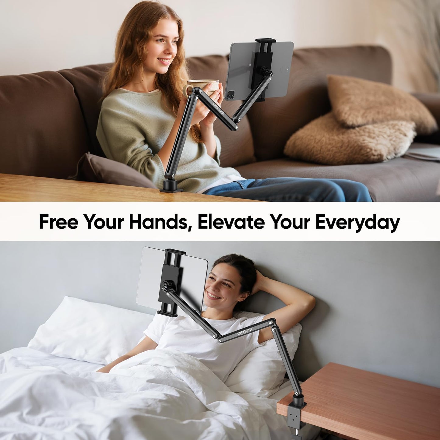 Urmust Tablet Stand for Desk, Adjustable iPad Holder for Bed, 360° Rotation, Sturdy Aluminum Tablet Arm Mount for 4.7"-15.6" iPad Pro/Air/Mini, iPhone, Galaxy Tab, for Kitchen, Work, Video Call