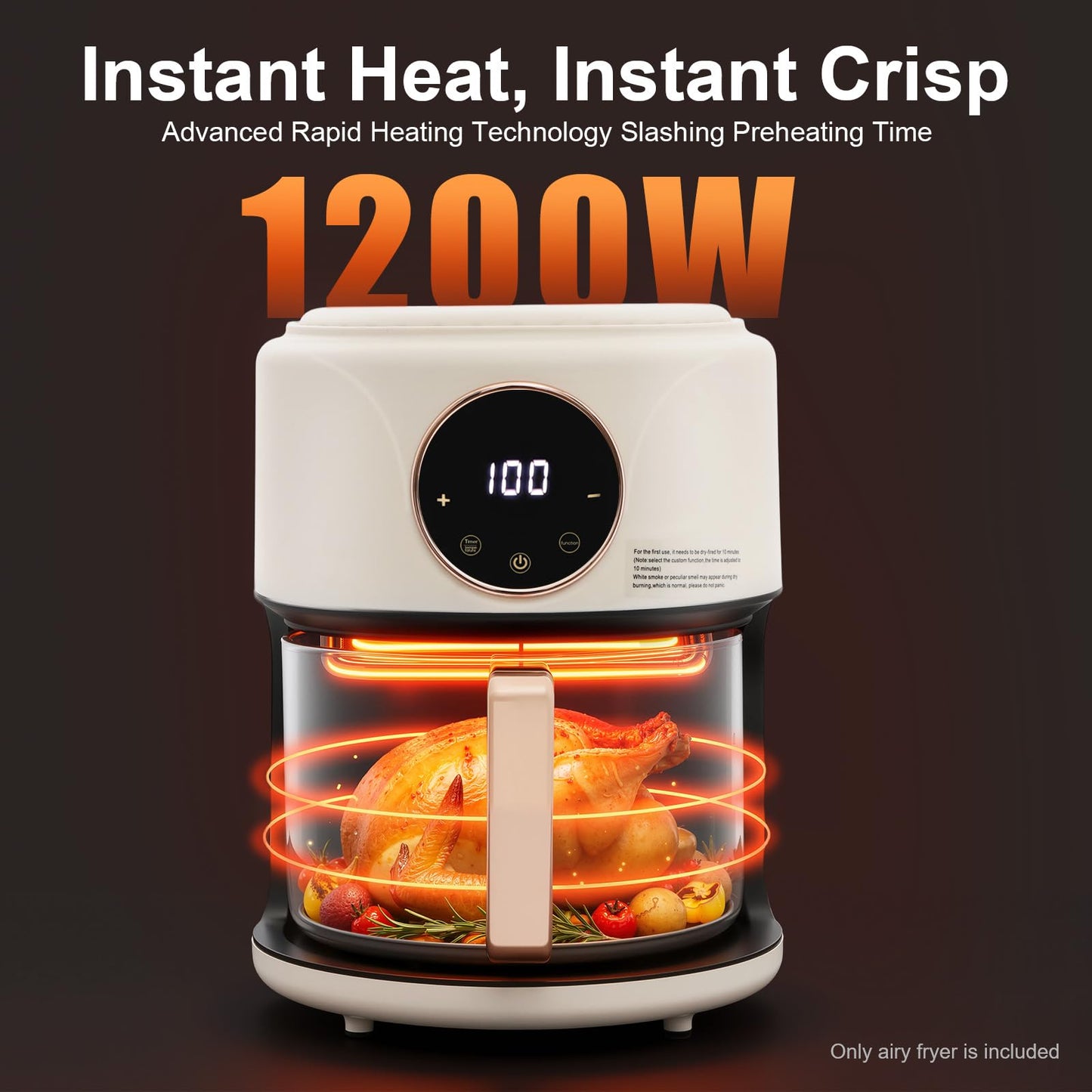 360° Viewable Air Fryer, 4.44 Qt Transparent Glass Air Fryer with 8 Preset Modes, 1200W Adjustable Temp 176°F-392°F Cooker with Digital Display for Home Kitchens & Restaurants