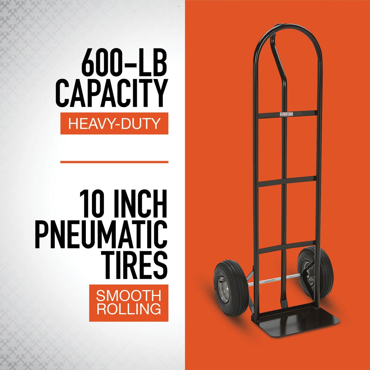 Ironton Steel Pneumatic Hand Truck Dolly, 600-Lb Capacity, Heavy-Duty Steel Frame, 10-in Pneumatic Tires, P-Style Handle, 14" x 8.5" Toe Plate
