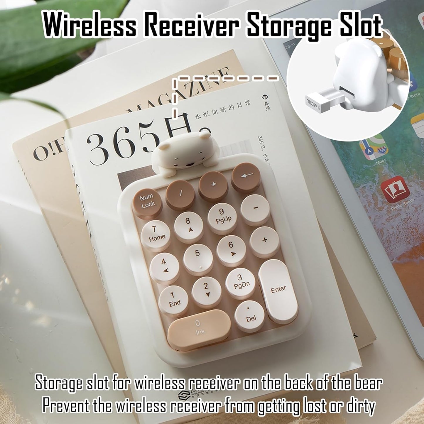 Lomiluskr 2.4G Accounting Cute Wireless Numeric Keypad with Silicone Bear, Colorful Round Keycaps, USB Wireless