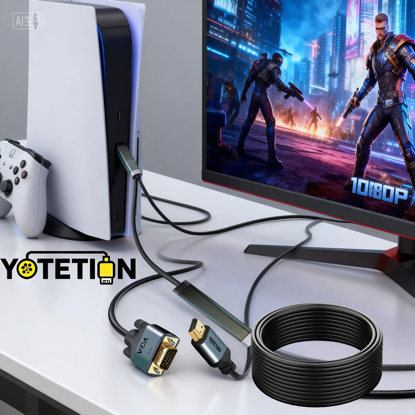 YOTETION 30FT HDMI to VGA Cable with IC, Gold-Plated HDMI to VGA Compatible for Computer, Desktop, Laptop, PC, Monitor