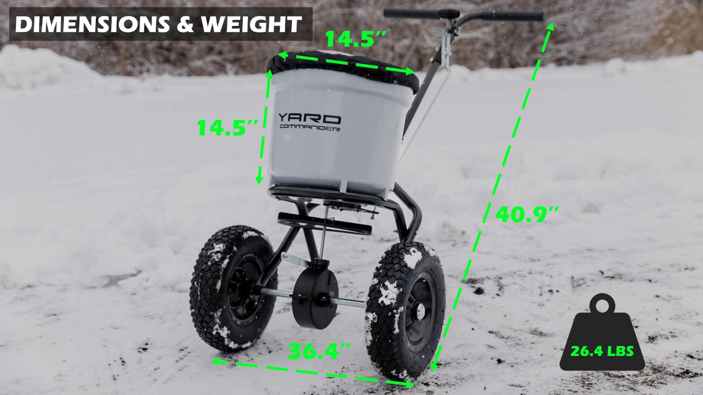 Yard Commander - Commercial 50 LB Walk-Behind Push Broadcast Spreader - 10-12 Foot Spread - Fertilizer, Ice Melt & Grass Seed - Clog Free Design - Fully Enclosed Gear Box - Adjustable Drop Rate