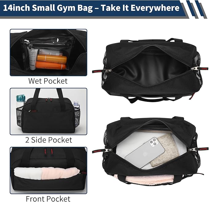 Small Gym Bag with Wet Pocket - 14 inch Mini Duffle Bag for Men & Women Lightweight Carry On Bag for Travel Sport - Black