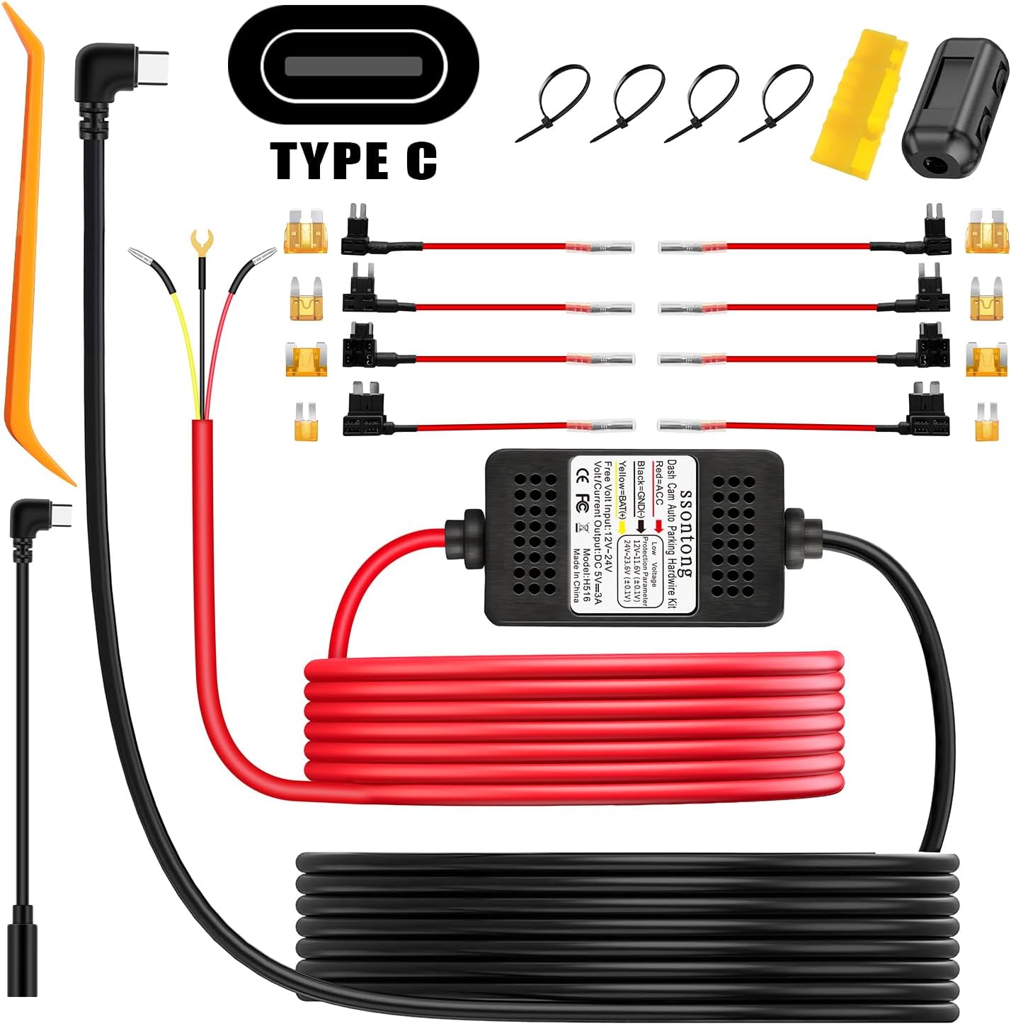 ssontong 3-Lead 12V-24V 5V 13ft Dash Cam Hardwire Kit, Acc Hardwire Kit for Dash Camera Type C Hard Wire Kit to USB-C