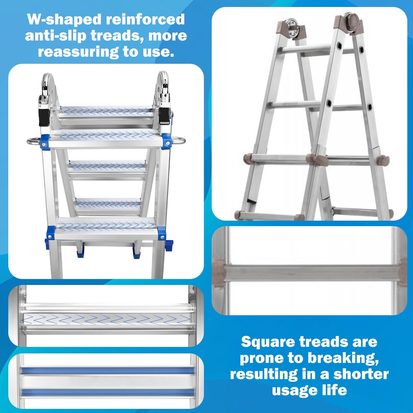 Wolec Telescoping A-Frame Ladder- 17 FT Folding Extension Ladder with Wheels & Stabilizer Bar, 330lb Security Load Multi Position Ladders for Stairs Home Indoor Outdoor Roof-Blue