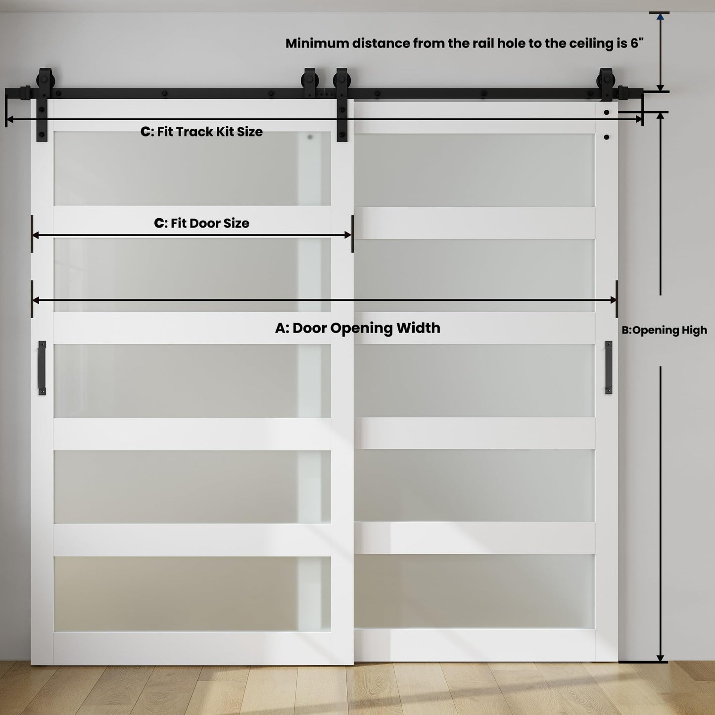 SmartStandard 48in x 84in Double Glass Sliding Barn Door with 8FT Bypass Sliding Barn Door Hardware Kit, 5-Panel Frosted Glass,Waterproof, Save Space, Easy Install, Fit 84"-88" Openning, White