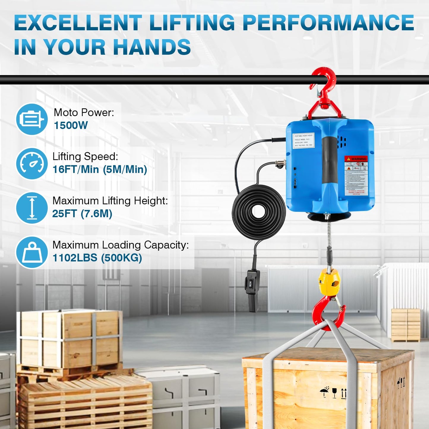 IRONWALLS 3 in 1 Electric Hoist Winch 1100LBS, 1500W Portable Power Winch Crane 110V 120V, 25FT Lifting Height, Small Electric Winch with Manual Button, Wired & Wireless Remote Control for Garage
