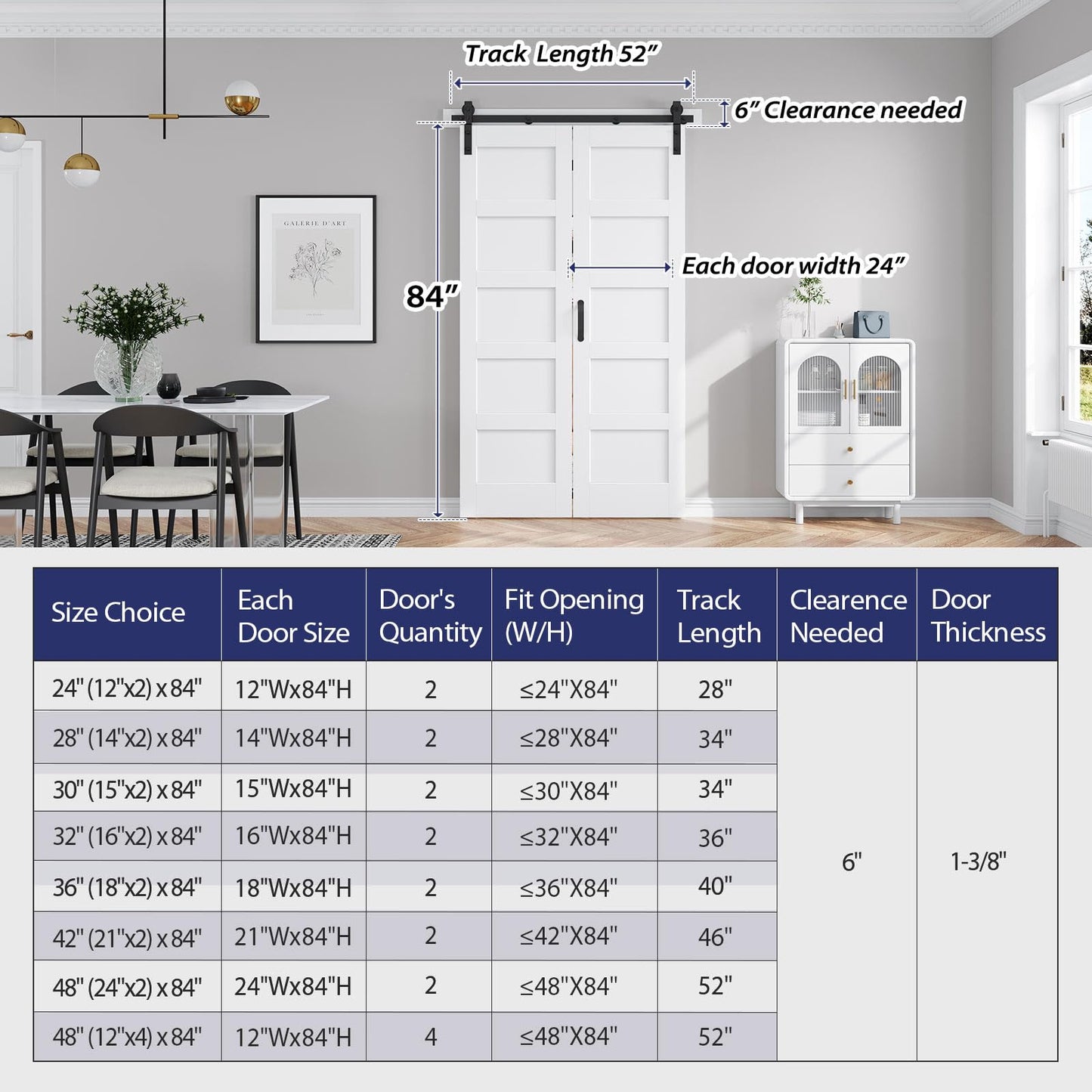 FREDBECK 48X84(Double 24x84) Bi-fold Barn Door Folding Doors White with 52" Hardware Kit,Interior Water-Proof PVC Surface for Closet,Assembly Required