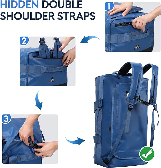 Haimont Large Duffel Backpack Sports Bag Convertible Duffle Bag with Backpack Straps for Travel, Gym, Weekender, Water Resistant, Blue, 60L