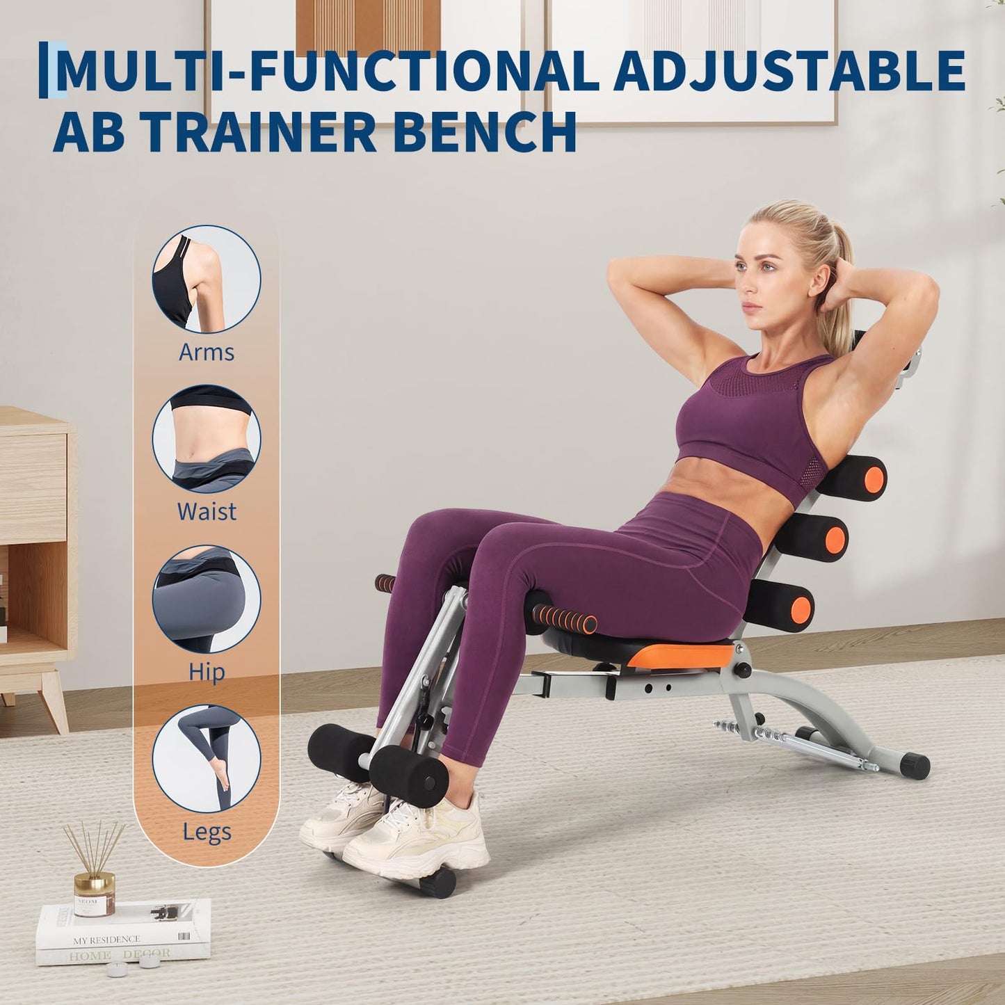 Multifunctional Ab Machine, Adjustable Sit Up Bench, Core Workout Bench for Abdominal Training, Foldable Home Gym Fitness Equipment with Ergonomic Back Support, Full Body Exercise