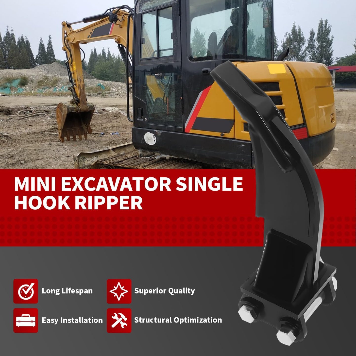 Nakkaa Small Excavator Ripper Single Hook Backhoe Compatible with 1-1.5 Ton Mini Excavator Span 3.54Inches, Hole Diameter 0.98Inches, Center Wheelbase 3.46 Inches
