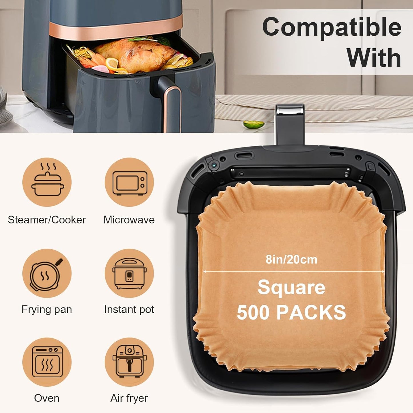 Skiennix Air Fryer Paper Liners - 500 Pcs Non-Stick Parchment for 5-8 QT Air Fryers | 8” Square Size