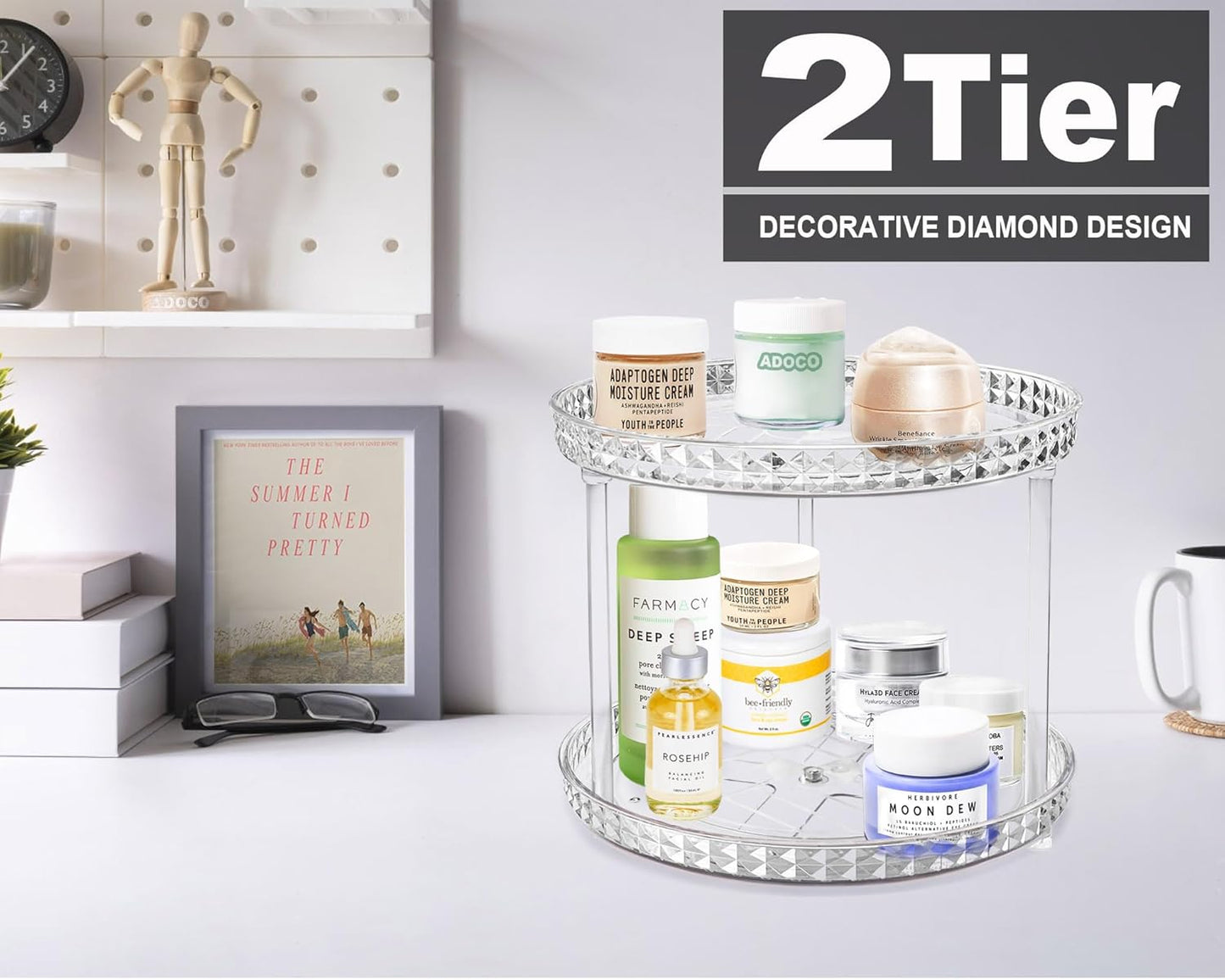 Skiennix 2-Tier Diamond Lazy Susan Bathroom Organizer - 360° Rotating Clear Makeup & Skincare Storage | 9.25 Inch