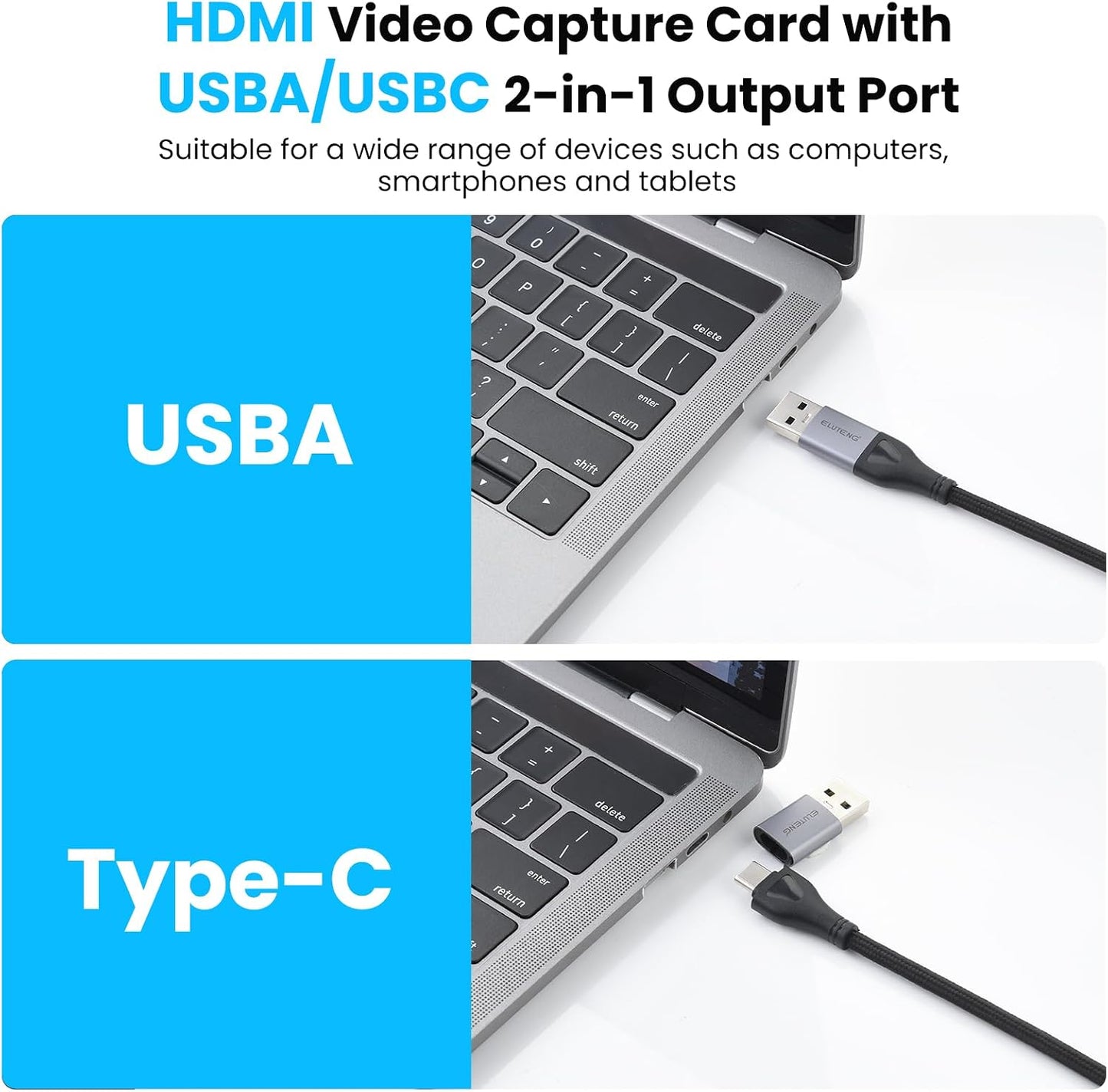 ELUTENG 4K 1080P Video Capture Card, HDMI to USB-A/USB-C Video Recording Card for Gaming, Video Streaming, Conference