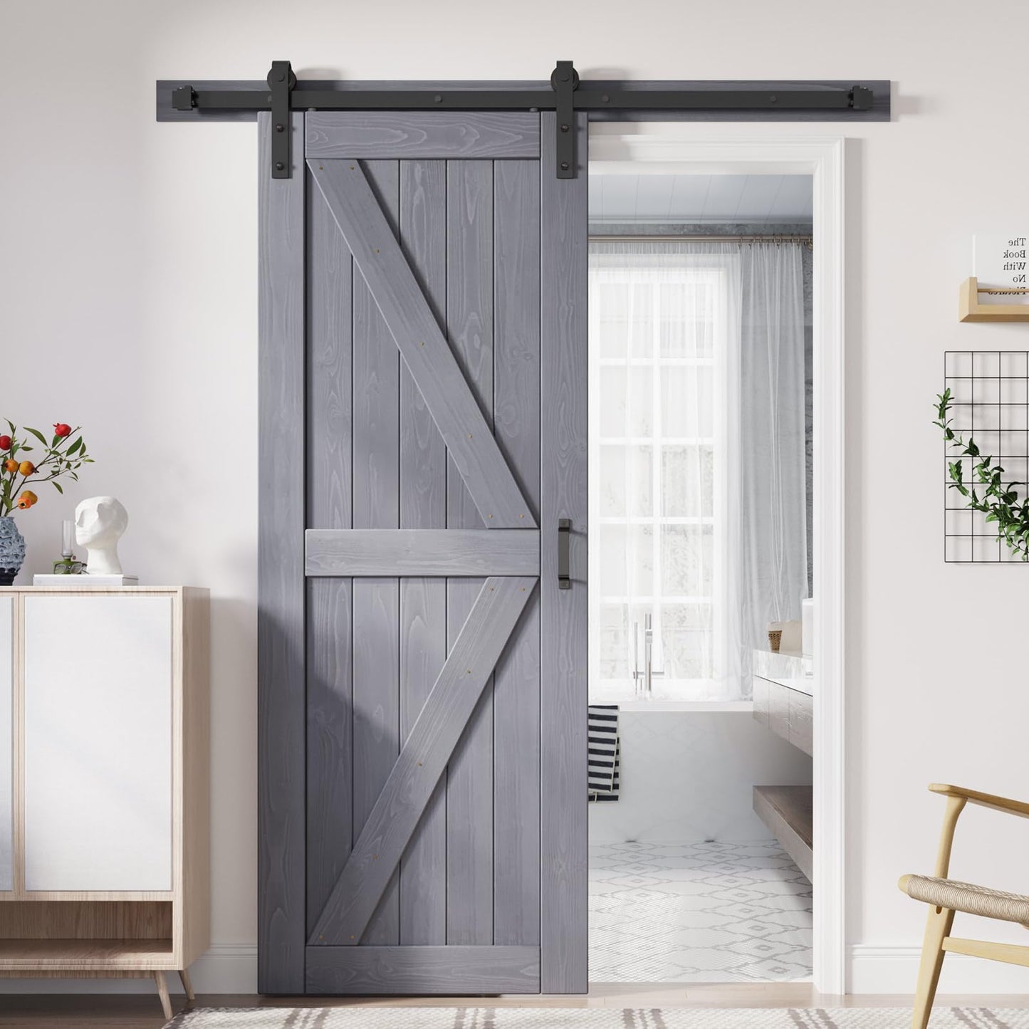 FREDBECK 30in x 80in Gray Wood Barn Door Slab with 5ft (60inch) Barn Door Hardware Track Kit Included, Double Surfaces,Simple Assembly is Required,K-Frame,Grey