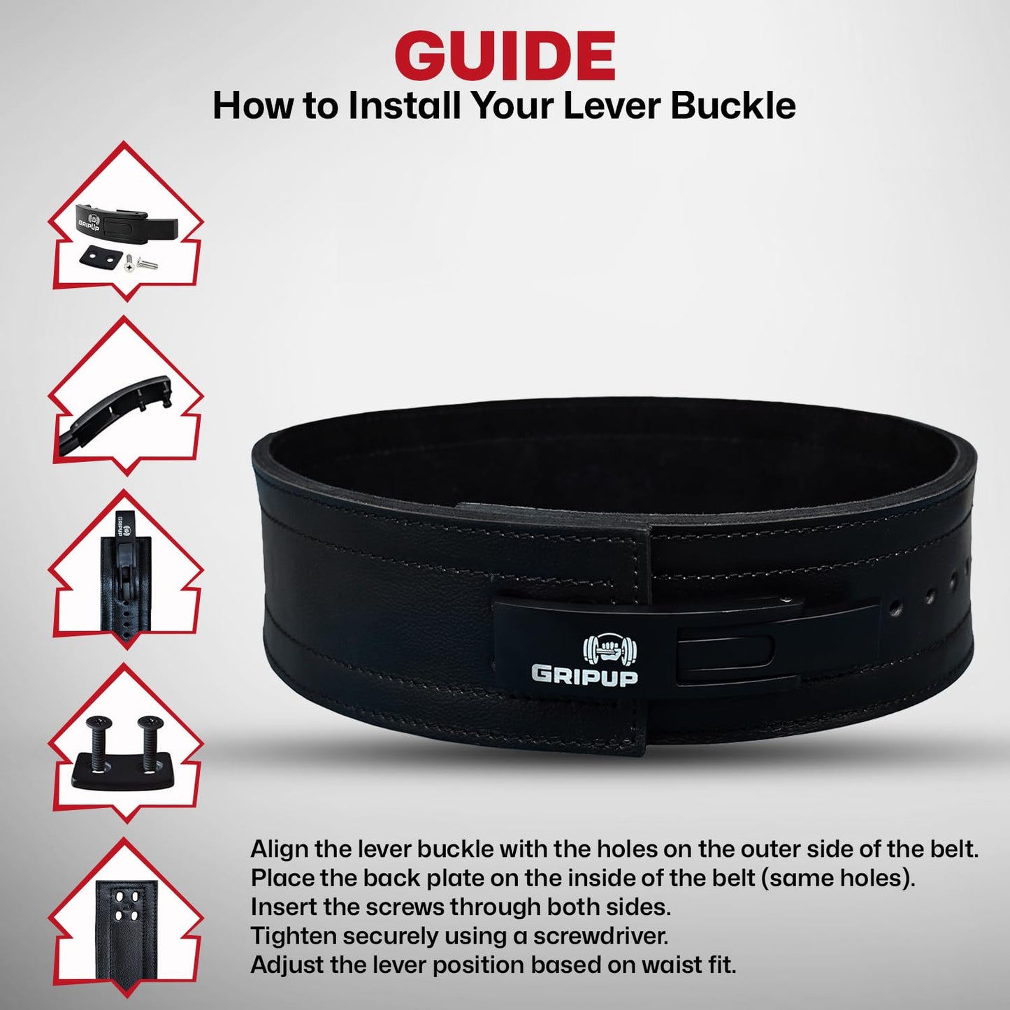 GripUp 10mm Powerlifting Belt – Genuine Leather 4" Weight lifting Belt with Heavy Duty Lever Buckle for Squats, Deadlifts, Gym, Fitness, Bodybuilding – Lumbar Back Support for Men & Women (Black, Small)