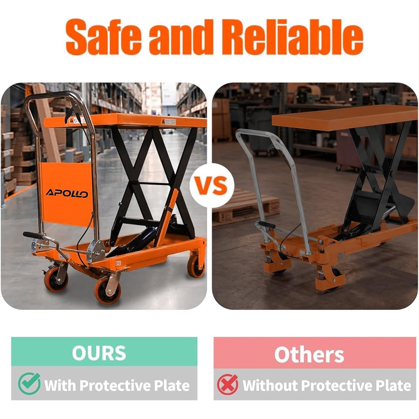 APOLLOLIFT Hydraulic Lift Table, 1100lbs Capacity 35.4" Lifting Height, Single Scissor Lift Table Cart with 4 Wheels and Safety Back Guard for Material Handling and Transportation, Orange