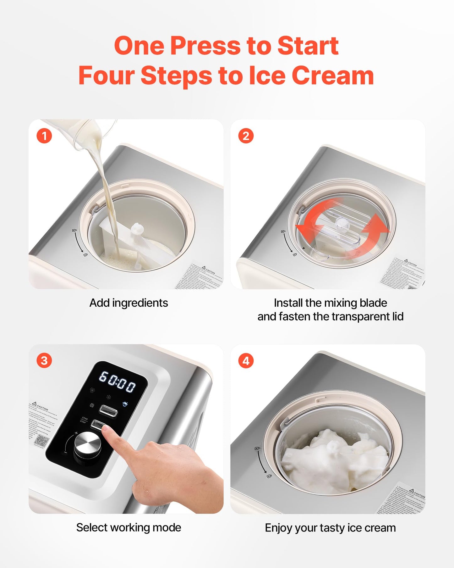 VEVOR Automatic Ice Cream Maker with Built-in Compressor, 2 Quart No Pre-freezing Gelato Maker, Electric Sorbet-Maker, 3 Modes Compressor Ice Cream Machine for Home Kitchen